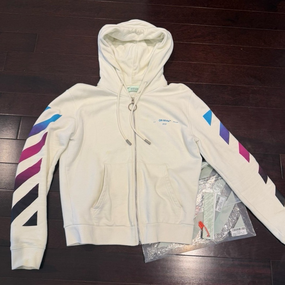 Off-White Cream Zip Hoodie with Multicolor Chevron Sleeves